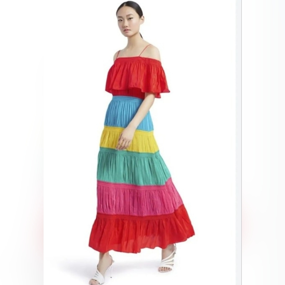 Alice + Olivia Kia Smocked Rainbow Cold-Shoulder Dress Size 10 - Picture 4 of 12